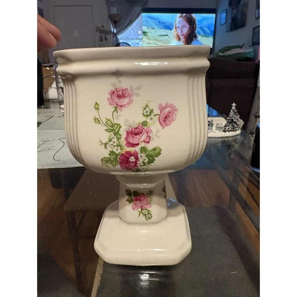 Vintage John Buck Made in England Ceramic Floral Pedestal Planter Rose Urn Vase